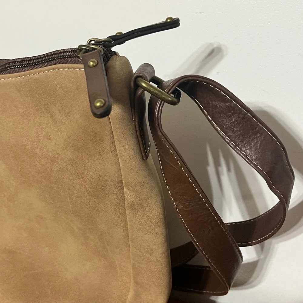 BOC Born Concept Crossbody Bag‎ Tan Faux Suede Brown Trim Stitched Messenger Bag